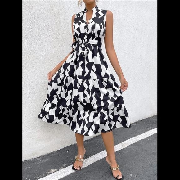 Women's V Neck Sleeveless High Rise A-Line Dress - Picture 11 of 14